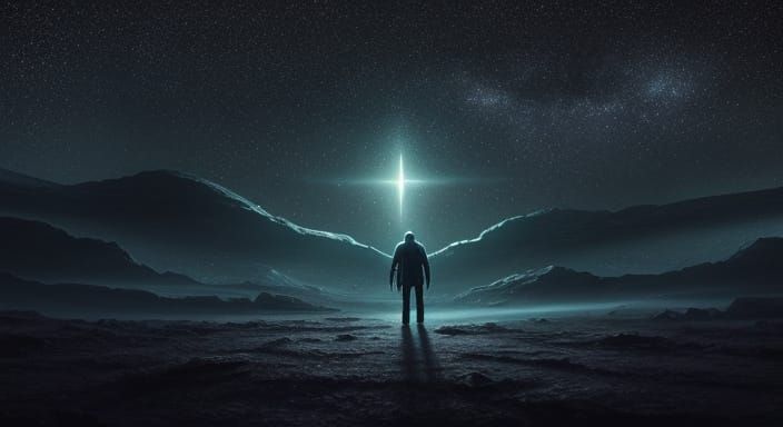 Alien and Human Beside Crashed Spaceship