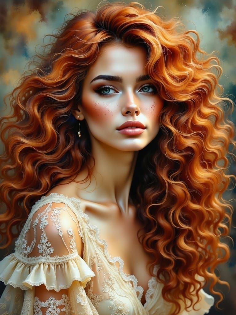 Red-Haired Woman in Lace Gown, Pre-Raphaelite Portrait