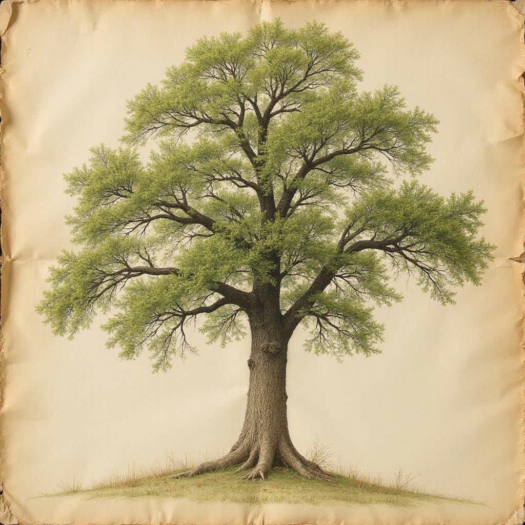 Whimsical Oak Tree Sketch on Weathered Paper