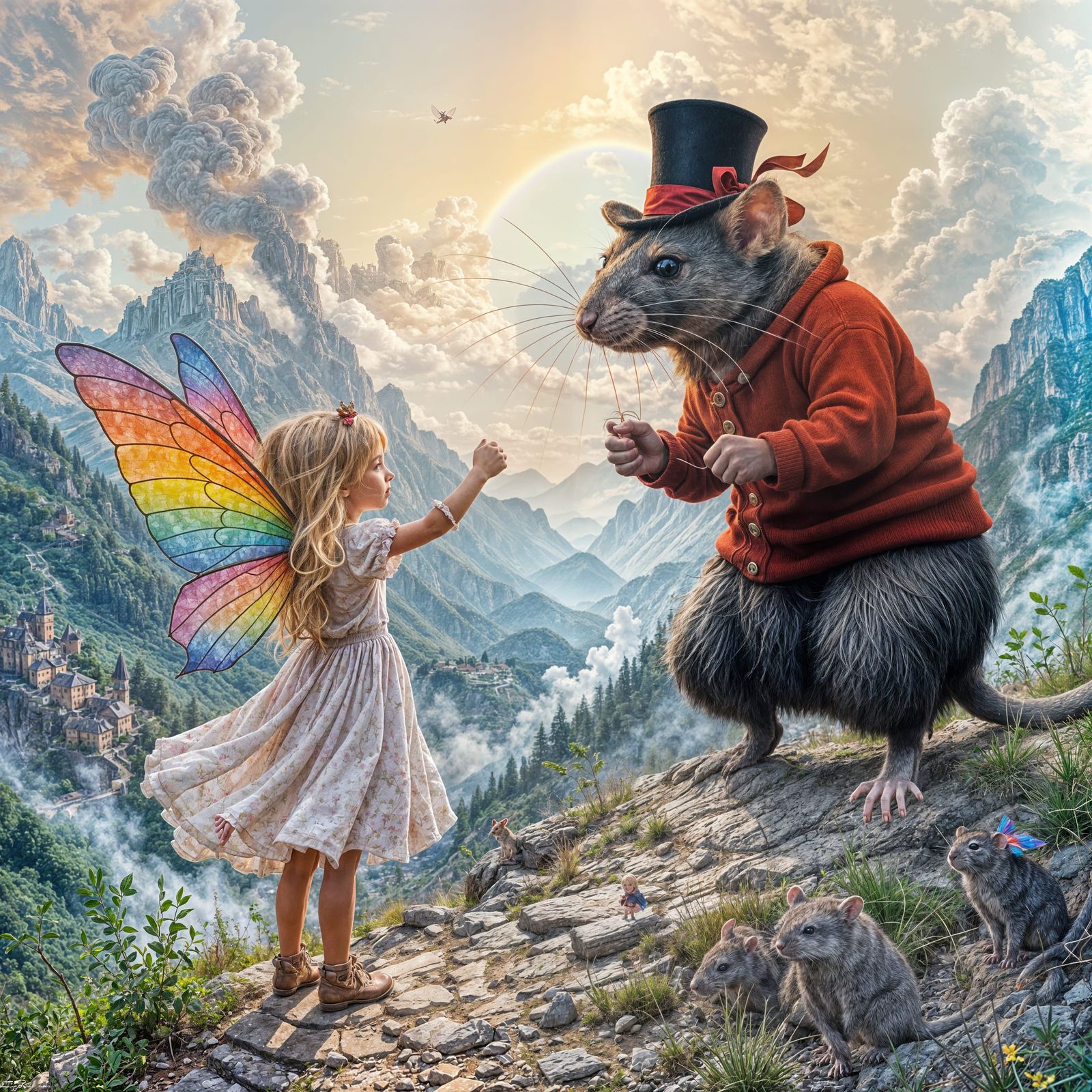 Girl Fights Giant Rat on Mountain Trail with Burning Village