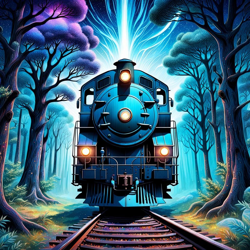 Cosmic Locomotive: Holographic Astral Illustration