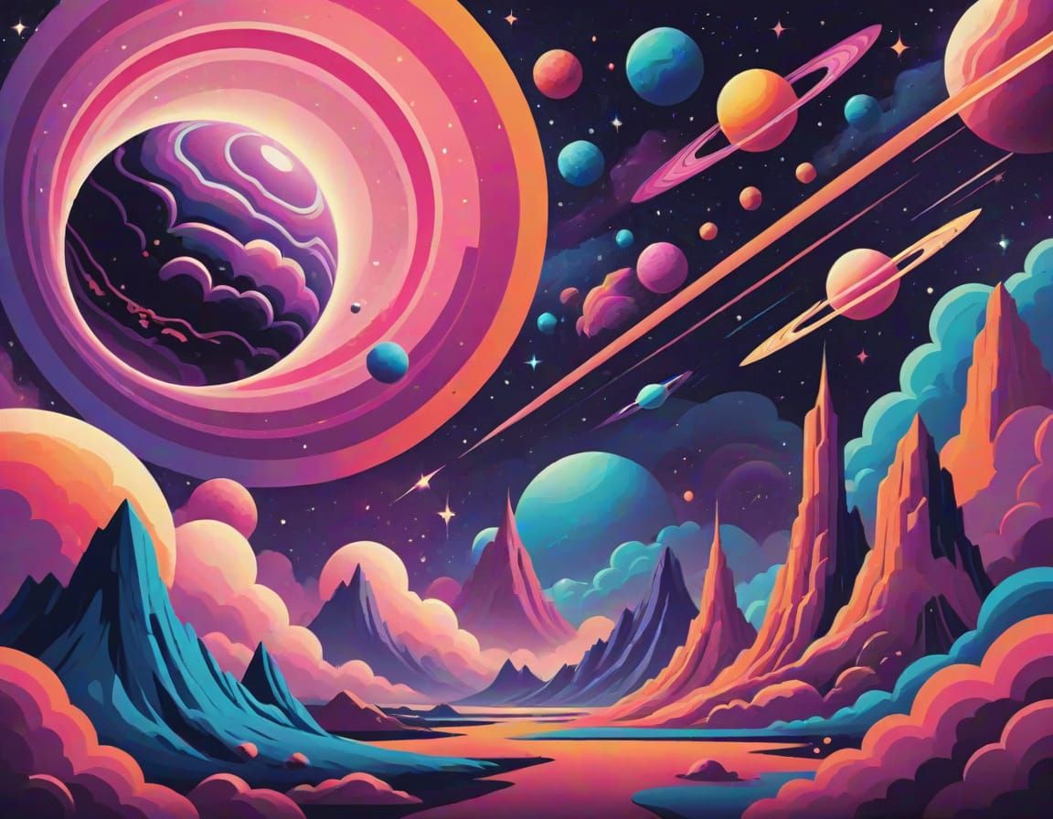 Vibrant Retro-Futuristic Cosmic Scene