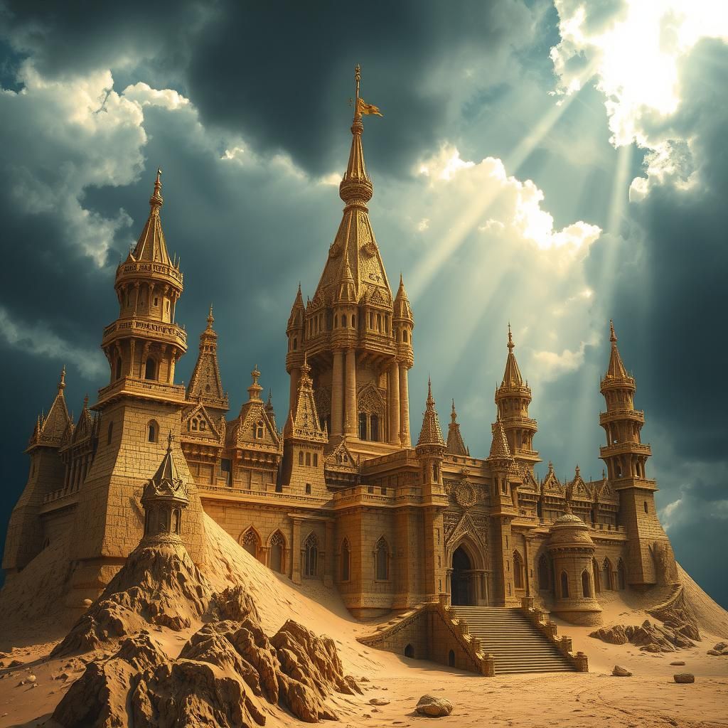 Golden Sandcastle Under Stormy Sky in 3D Fantasy