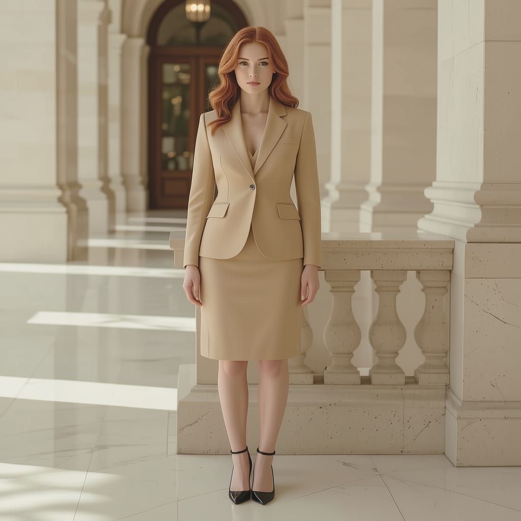 Cute Redhead Woman in Tan Blazer and Black Heels