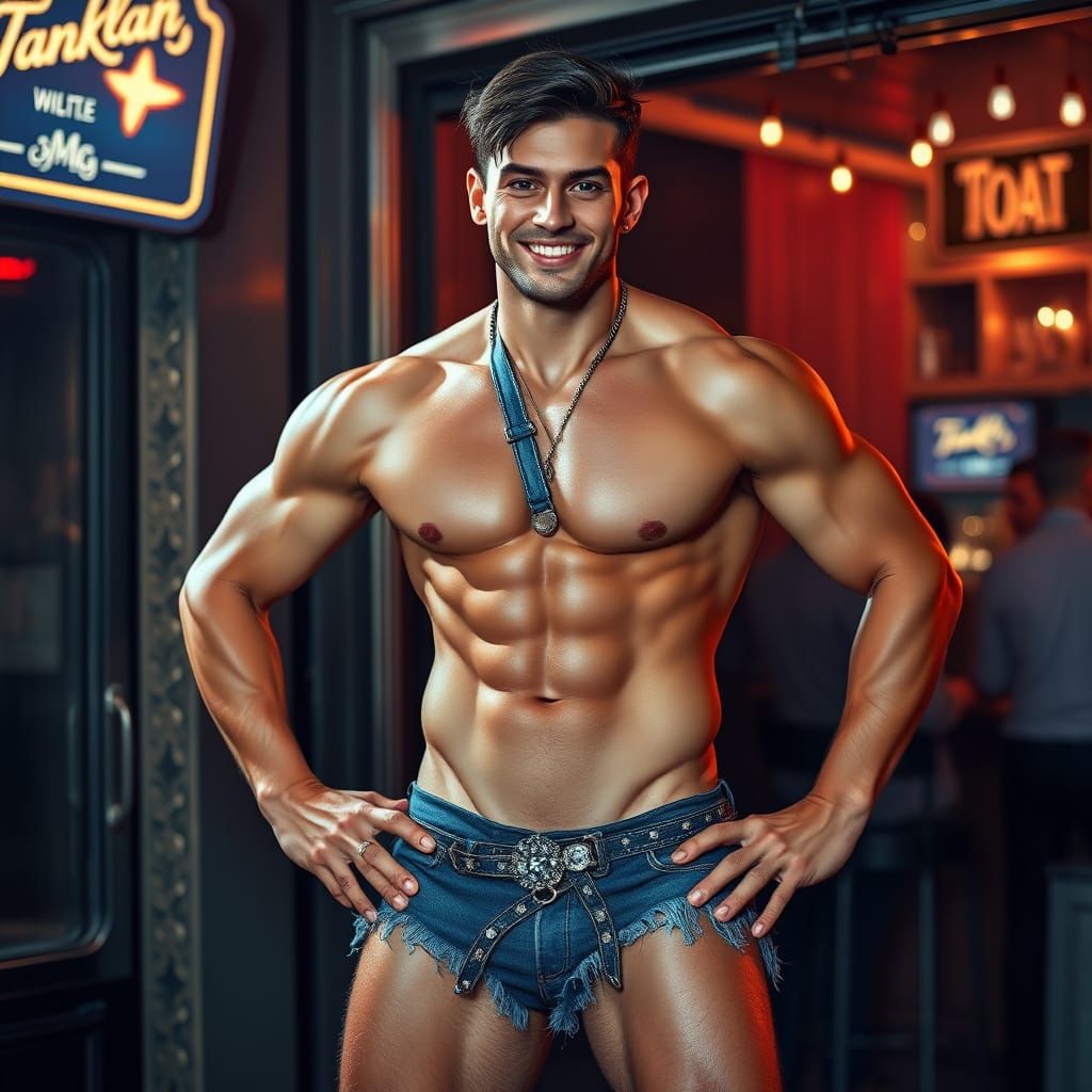 Muscular Men in Denim Entice at Nightclub Entrance