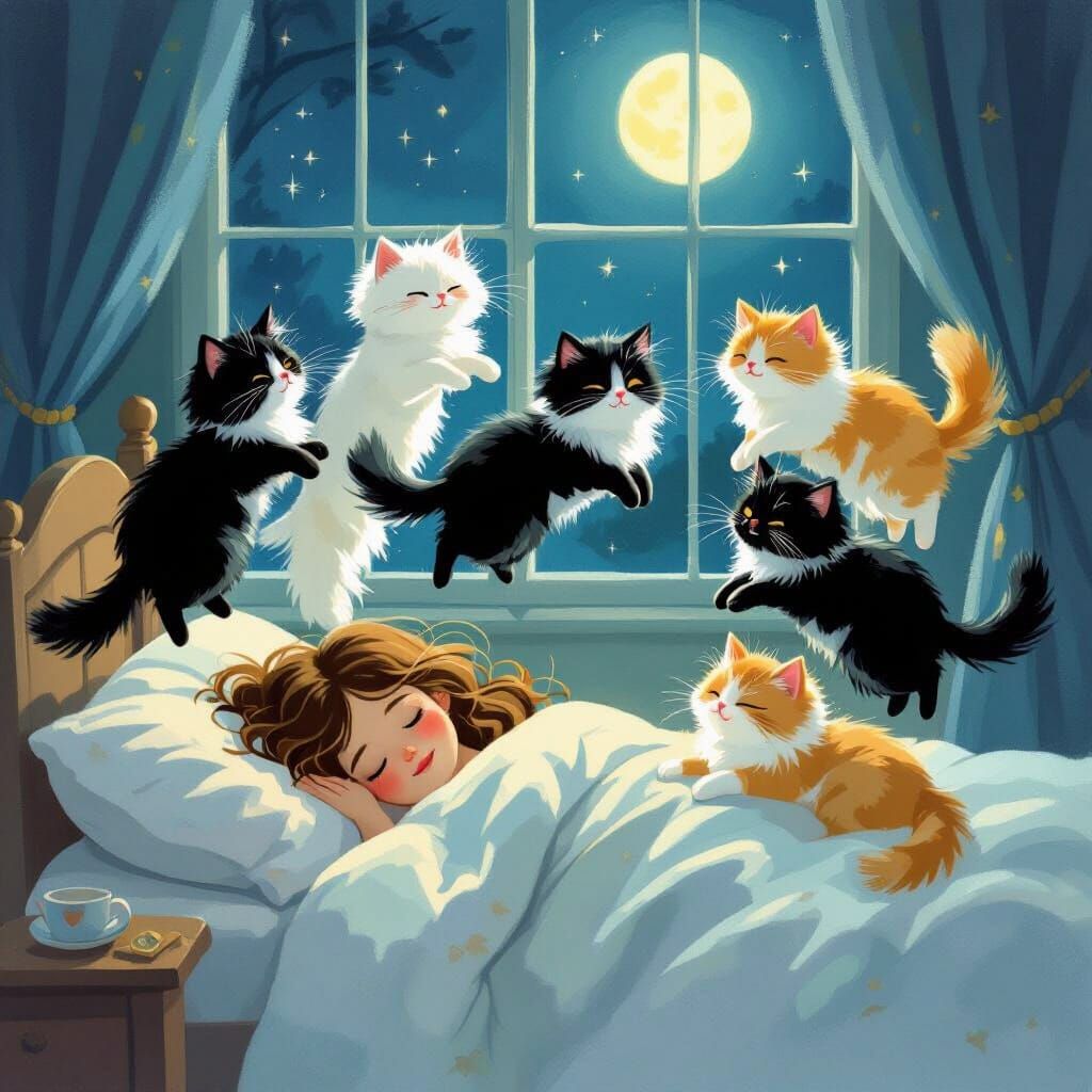 Fluffy Cats Play Over Sleeping Girl in Dreamlike Night Scene