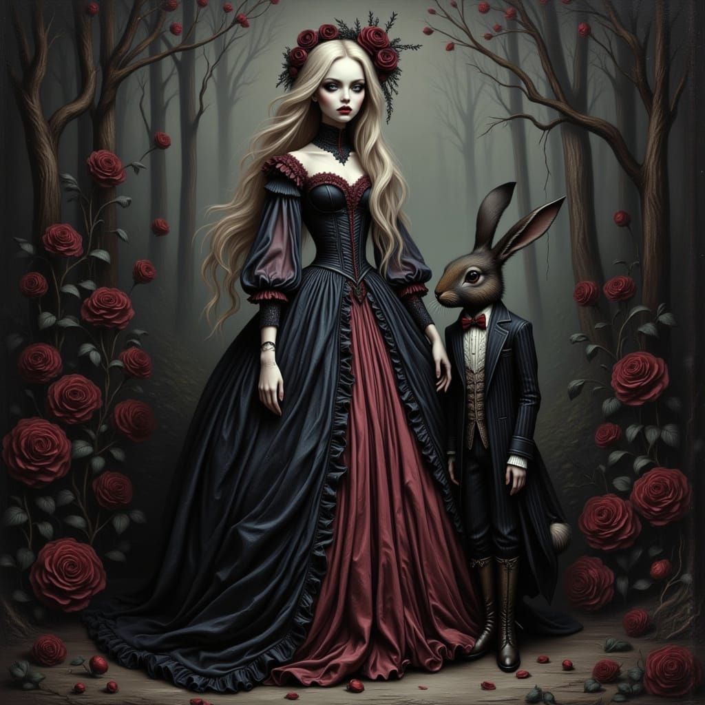 Gothic Oil Painting of Doll-Like Girl with Rabbit