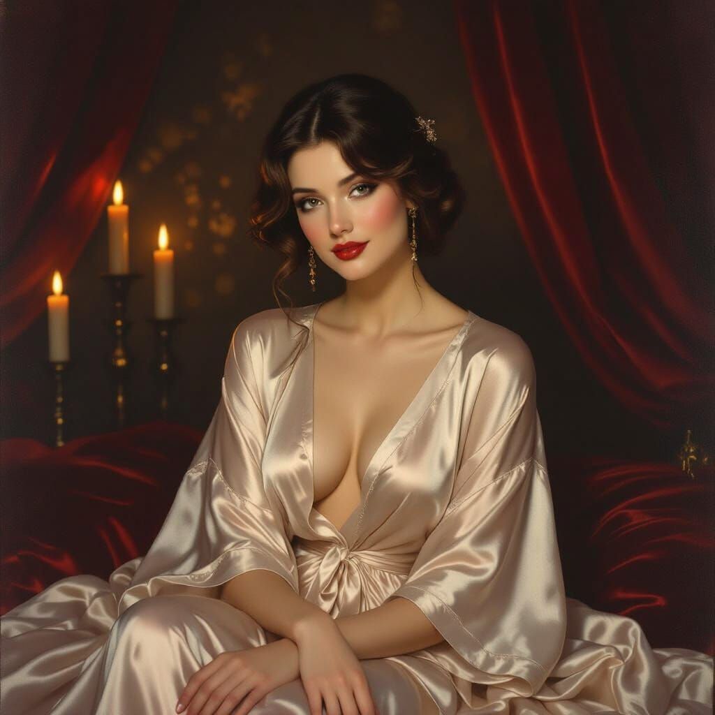 Sensual Boudoir Scene in Painterly Pre-Raphaelite Style