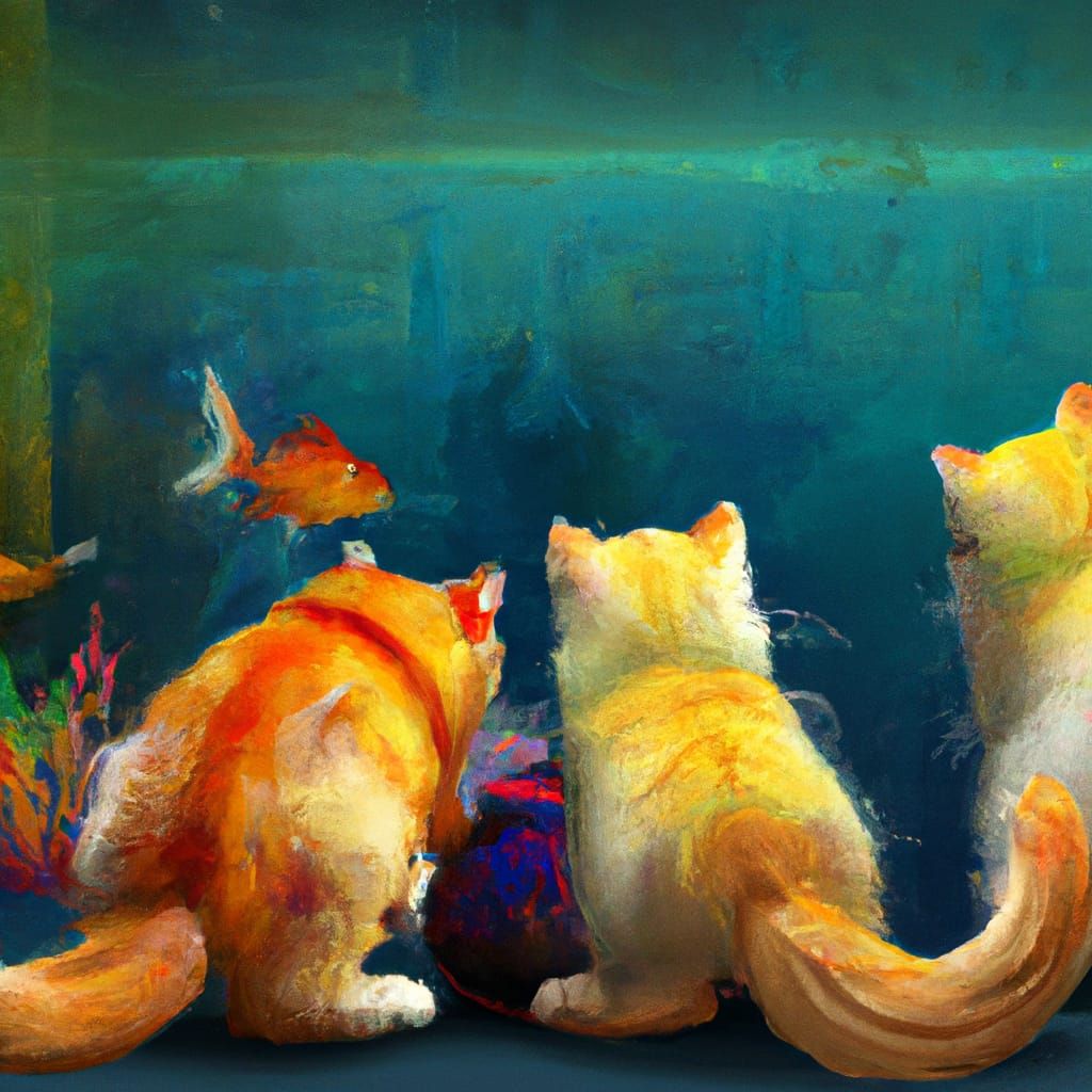 Fluffy Cats and Golden Fish in Detailed Matte Painting
