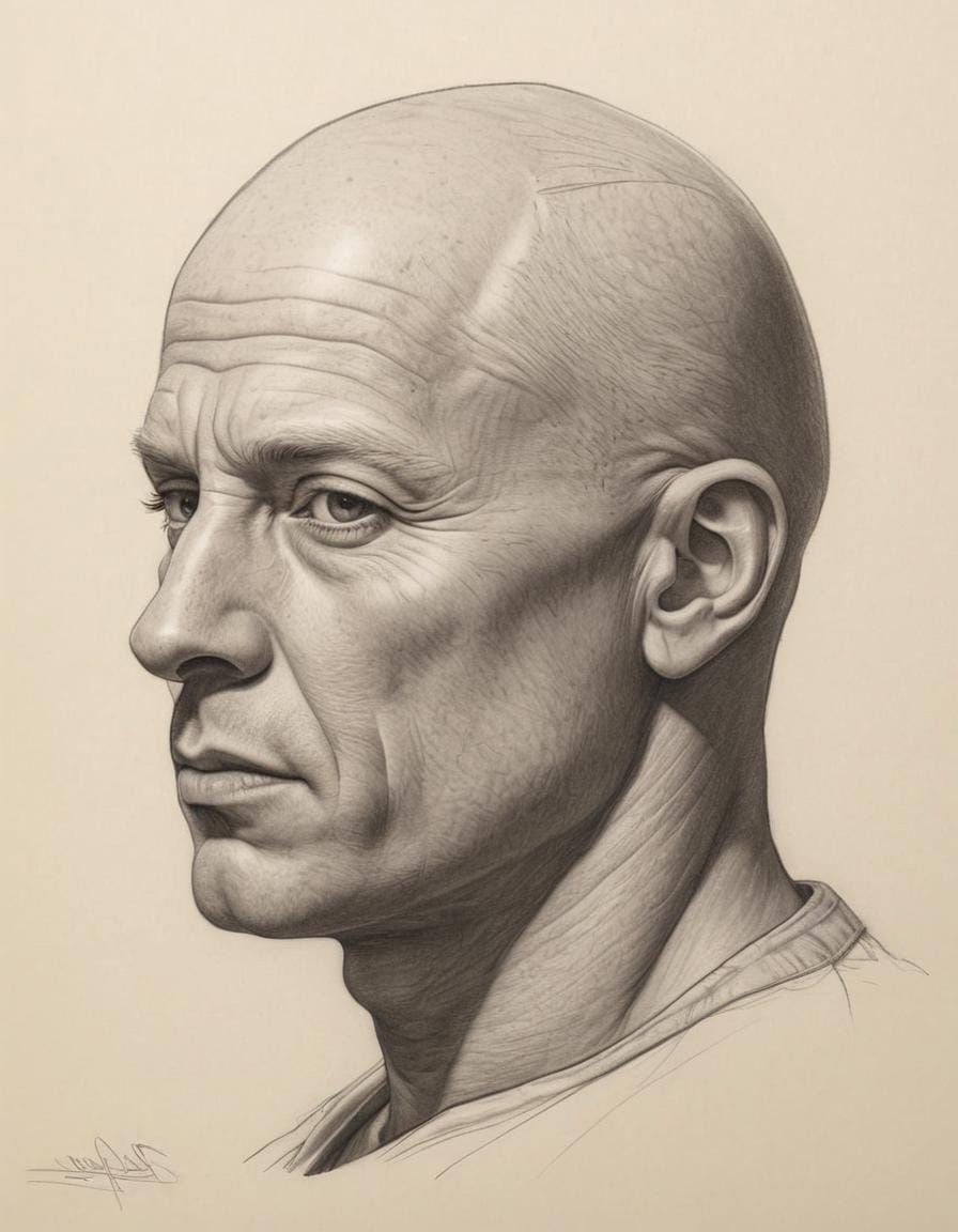 Graphite Sketch of Bald Man on Toned Paper