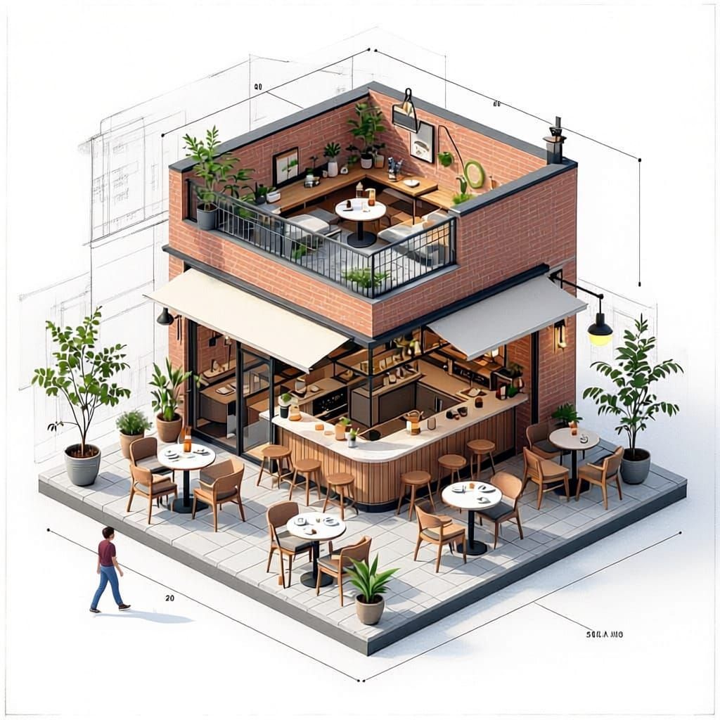 Exploded View of Cozy Cafe with CAD Overlay