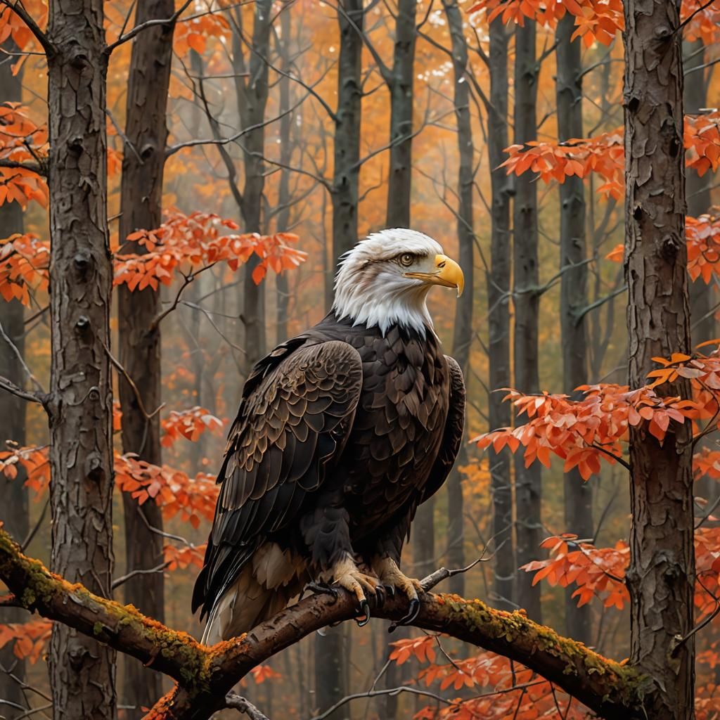 Bald Eagle in Autumn Forest