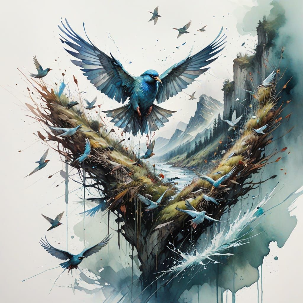 A turbulent mountain stream, a flock of birds flying in a sl...