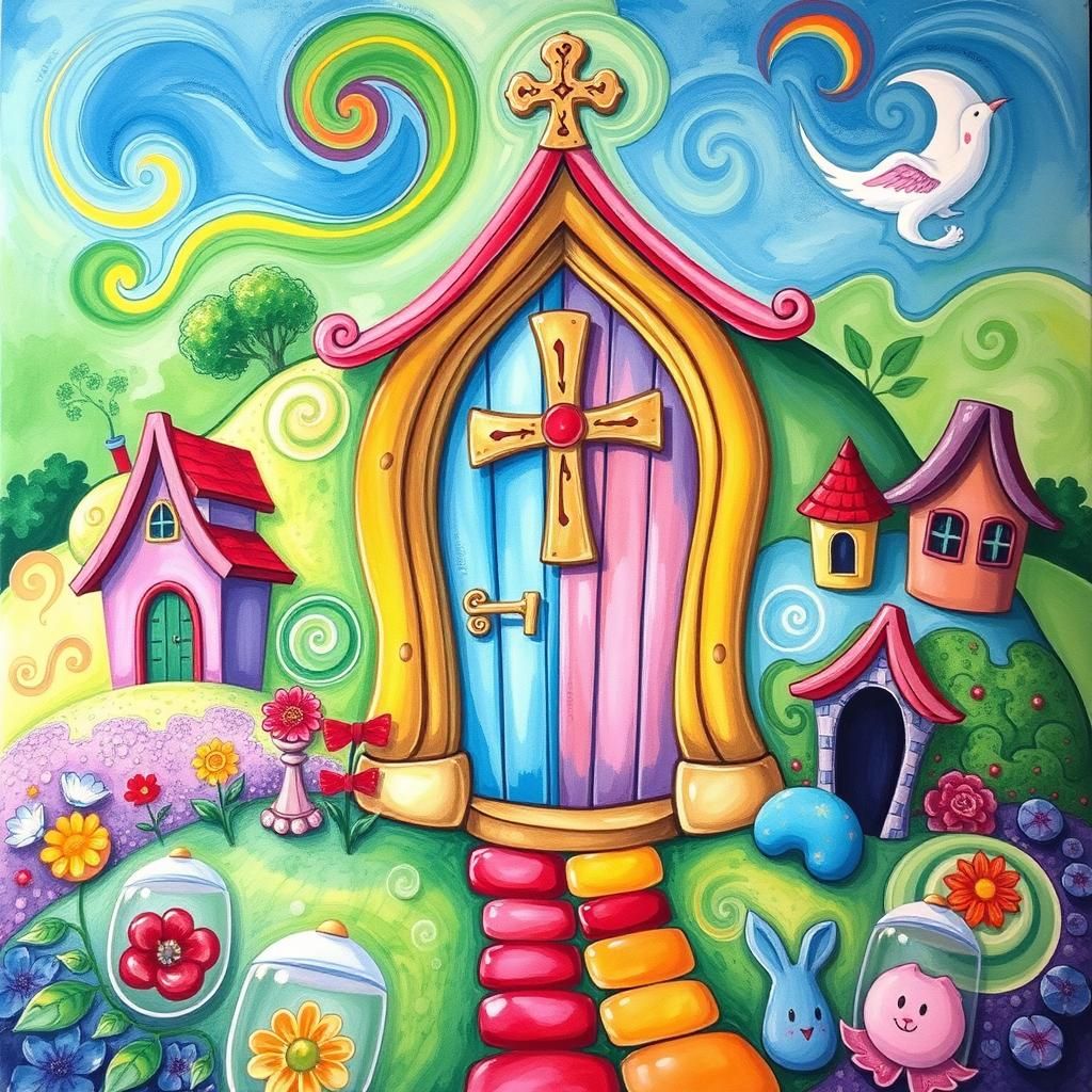Surreal Candyland Door with Cross in Gouache
