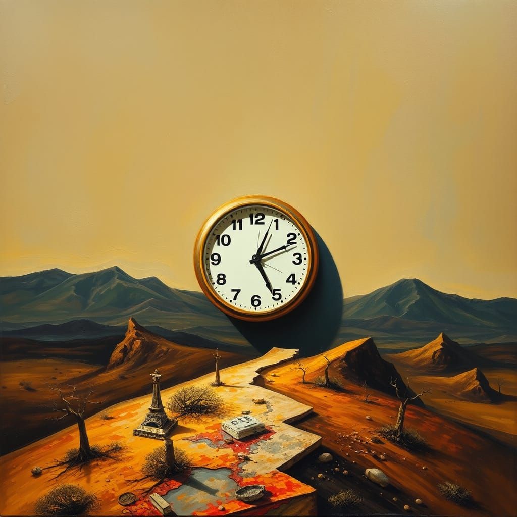 Melting Clock Over Desolate Landscape in Surrealist Style