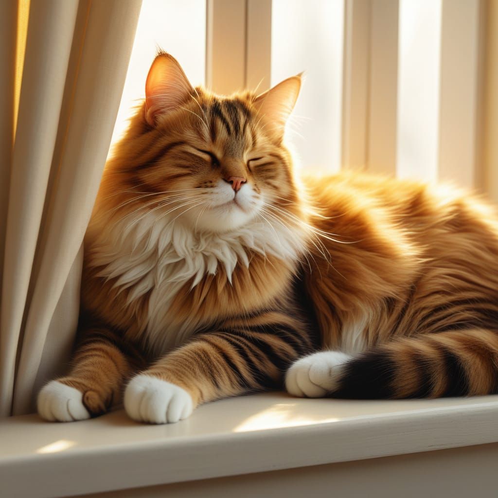 Cozy Cat Sleeping in Golden Hour Sunrise Light