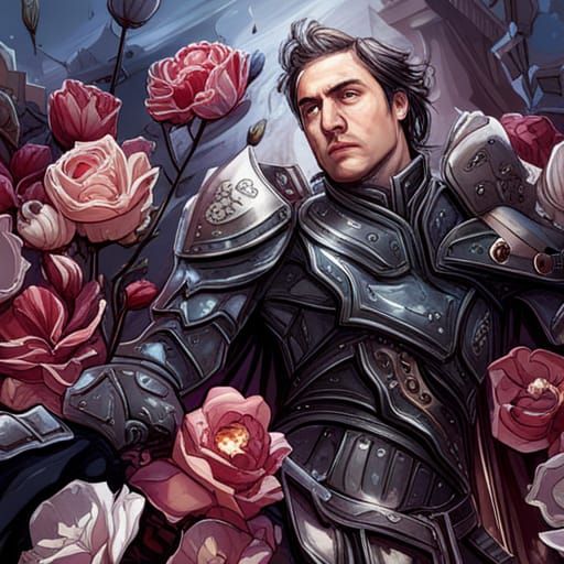 Grimdark Paladin in Crimson Armor on Roses