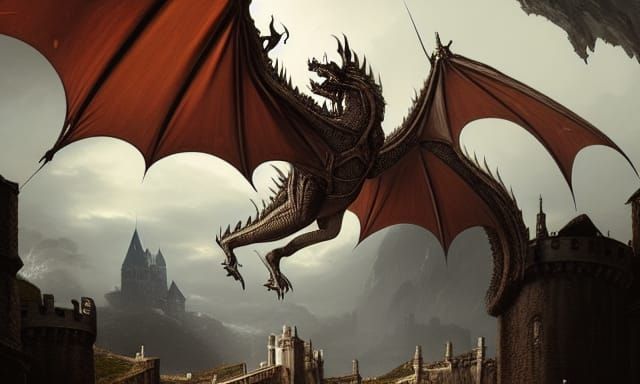 Epic Dragon and Castle in Dark Fantasy Style