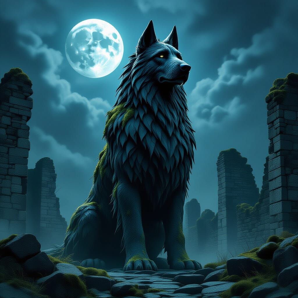 Ancient Obsidian Wolfhound Guards Ruined City Under Twin Moo...