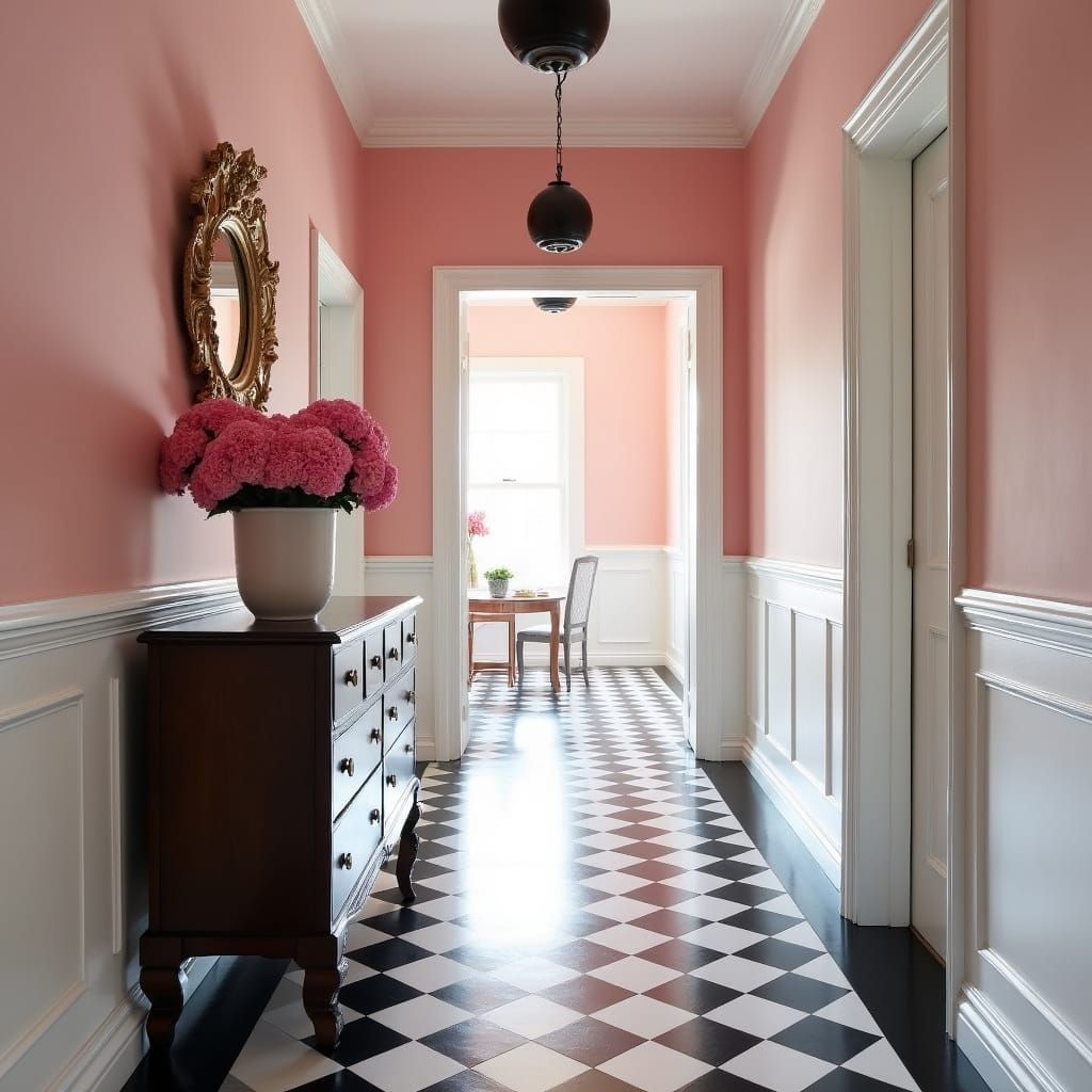 Elegant Hallway with Pink Walls in Vintage Style