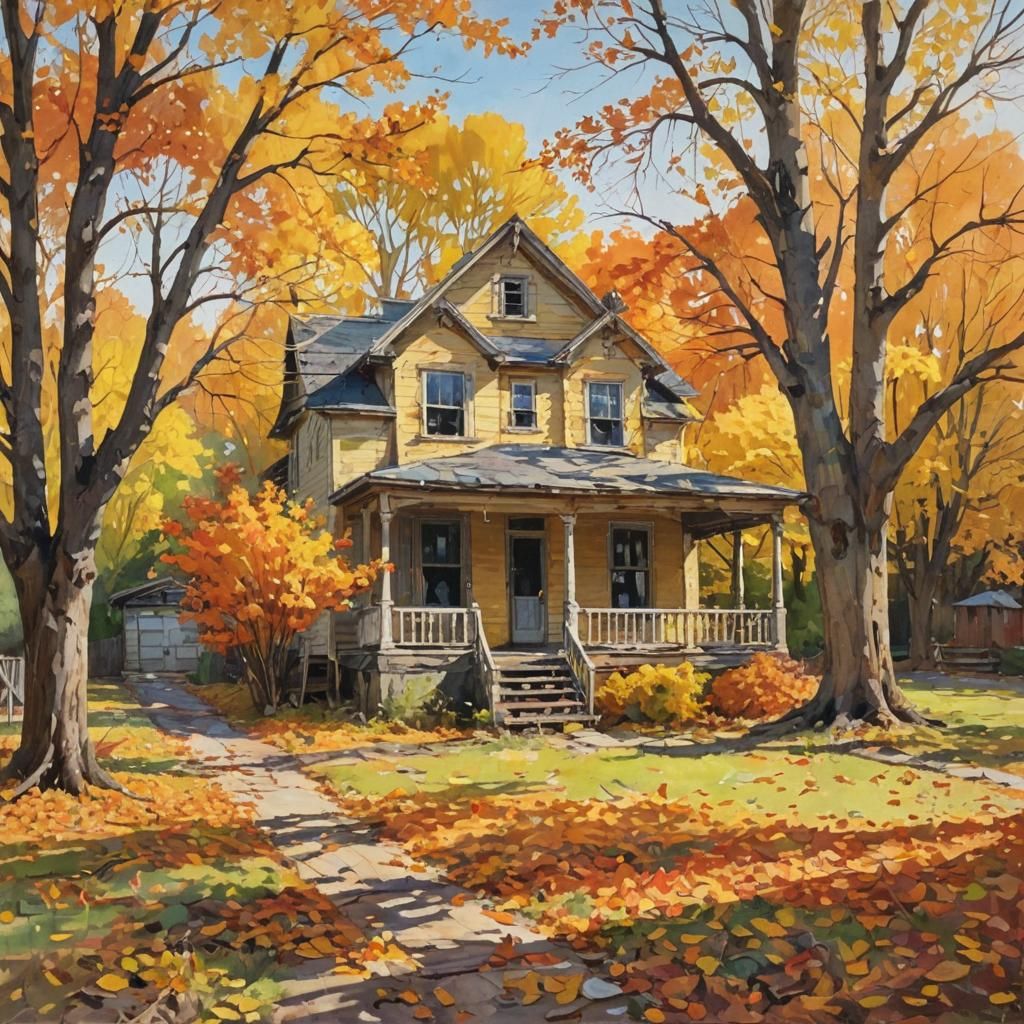 Autumnal House in Impressionist Style with Impasto