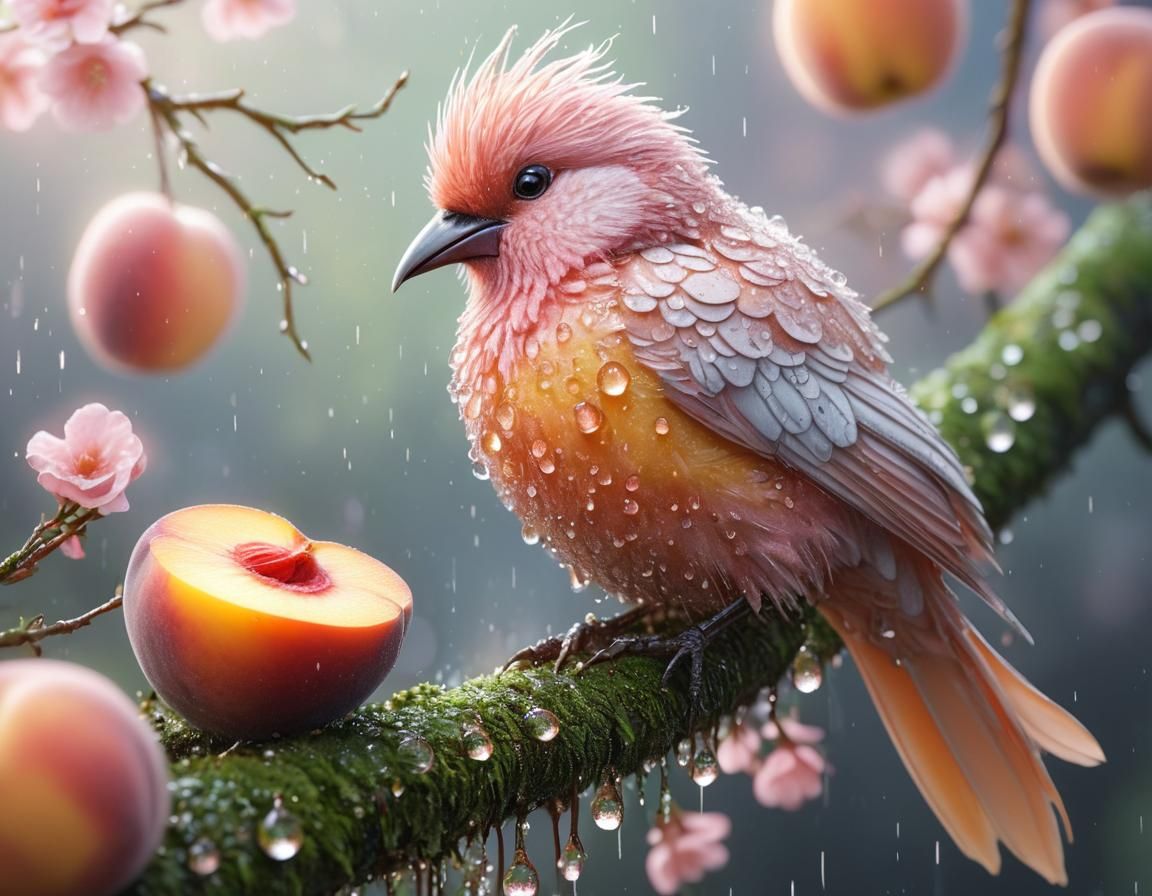 Pastel Bird with Dew Drops Eating Peaches