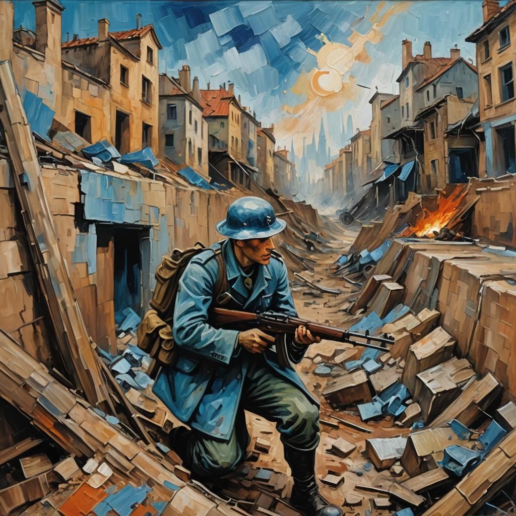 Soldier in War-Torn Cityscape as Neo-Expressionist Oil Paint...