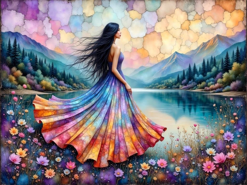 Ethereal Woman in Flowy Dress Amidst Majestic Landscape