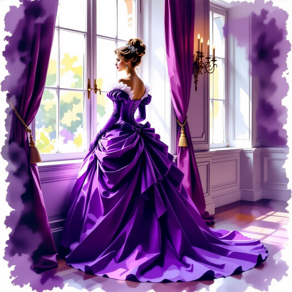 Duchess in Purple Baroque Gown by Window