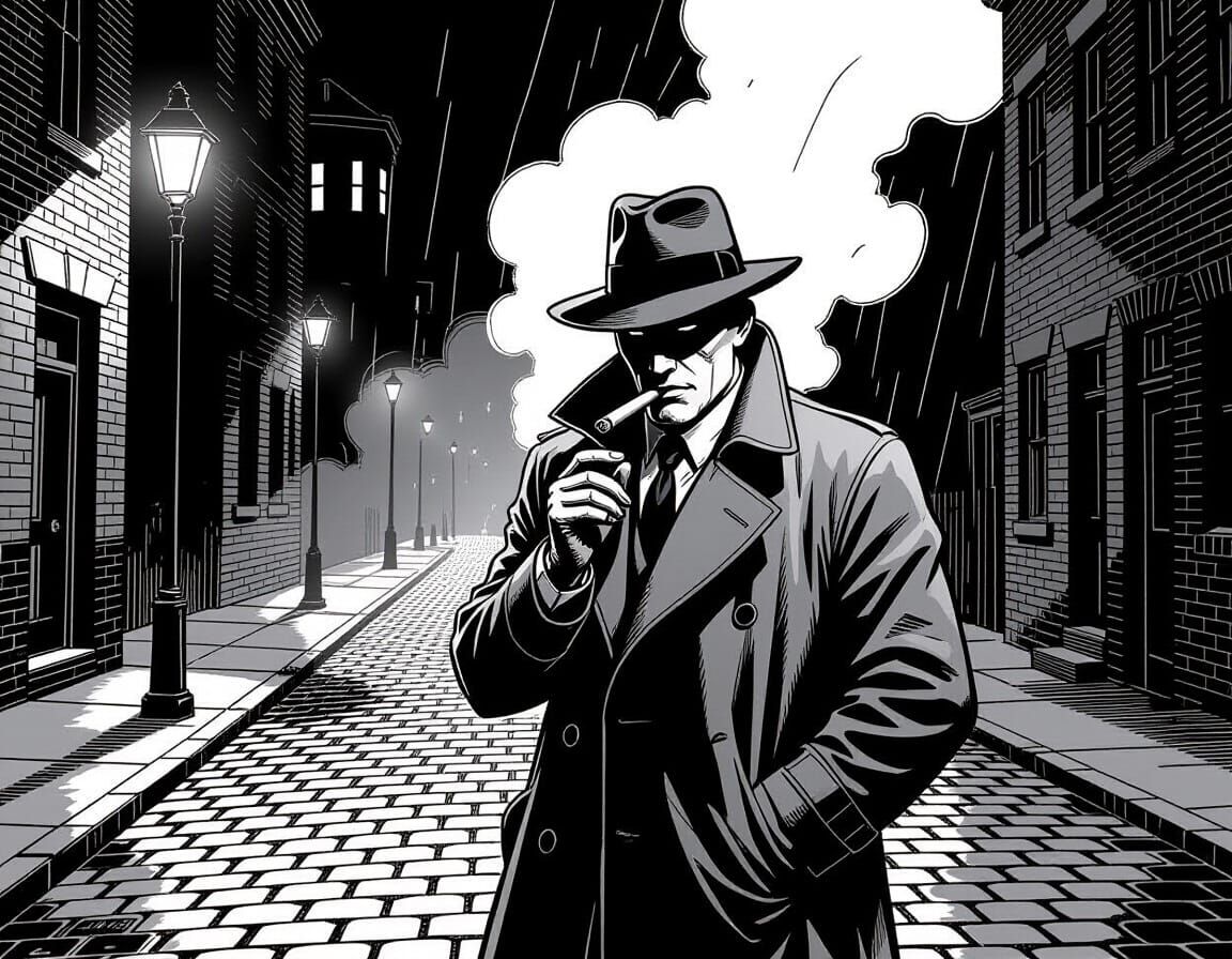 1930s Noir Detective Smoking Cigar Under Streetlights