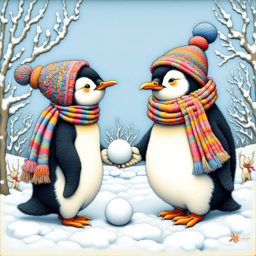 Penguins Frolicking in Winter Landscape, Flat Illustration