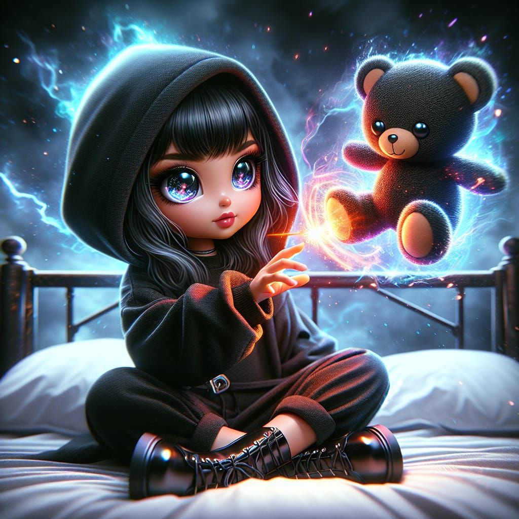 Young Woman Casting Spell on Teddy Bear as Matte Painting