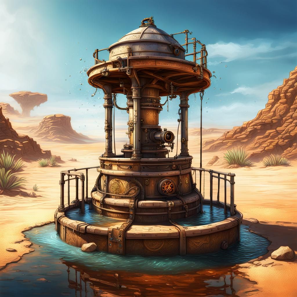 Steampunk Desert Oasis Water Well in Splash Art Style