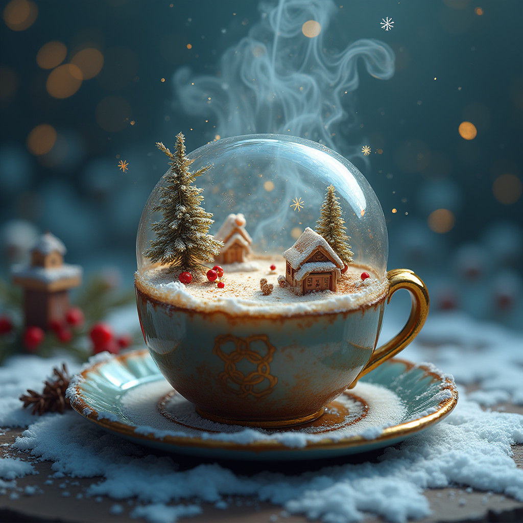 Christmas Snow Globe in Steaming Coffee Cup