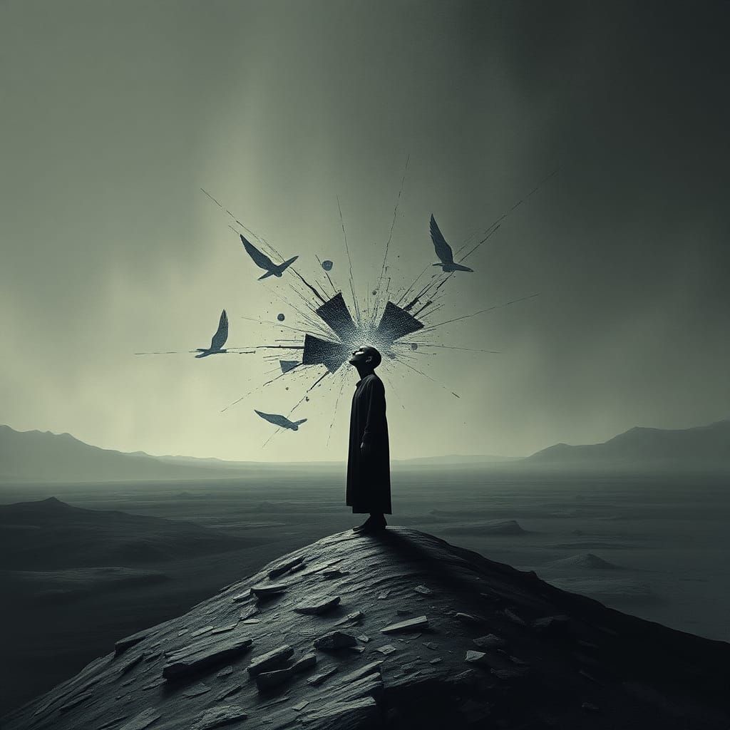 Lonely Figure's Cry Echoes in Desolate Landscape