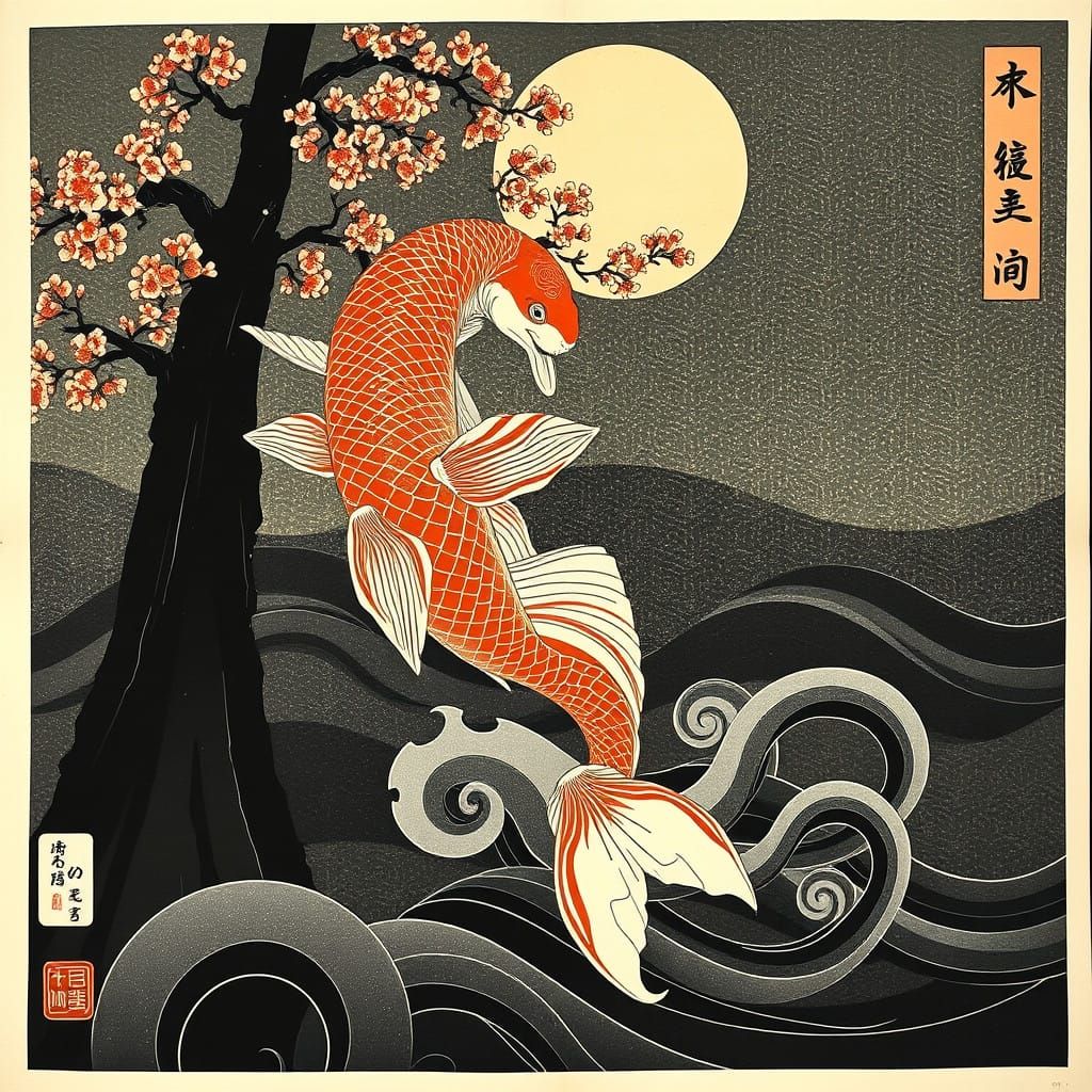 KOI MANDARIN NANYANG. Arte japonesa tradicional. Ukiyo-e. kintsugi