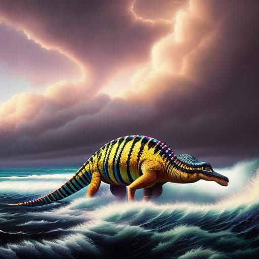 Psychedelic Striped Dinosaur in a Fantasy Ocean
