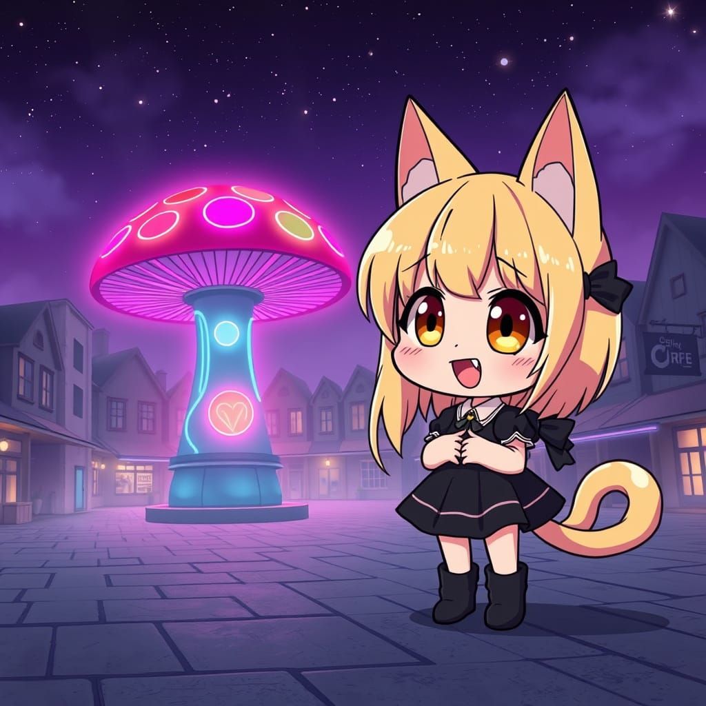 Neon Whimsy: Chibi Catgirl Admires Futuristic Mushroom