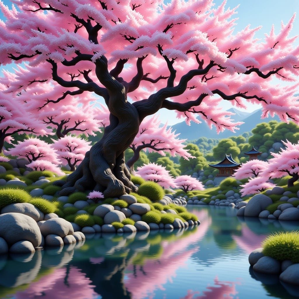 Ancient Sakura Tree in a Serene Japanese Landscape