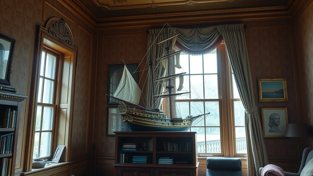 A dim and Dusty, dusty dusty, cobwebs, an accurate but dusty image of the Airfix model of Sir Francis Drakes ship 'Golde...