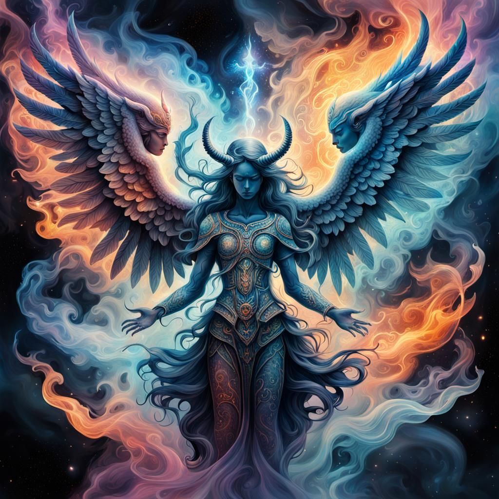 Angel and Demon Embrace: Holographic Illustration