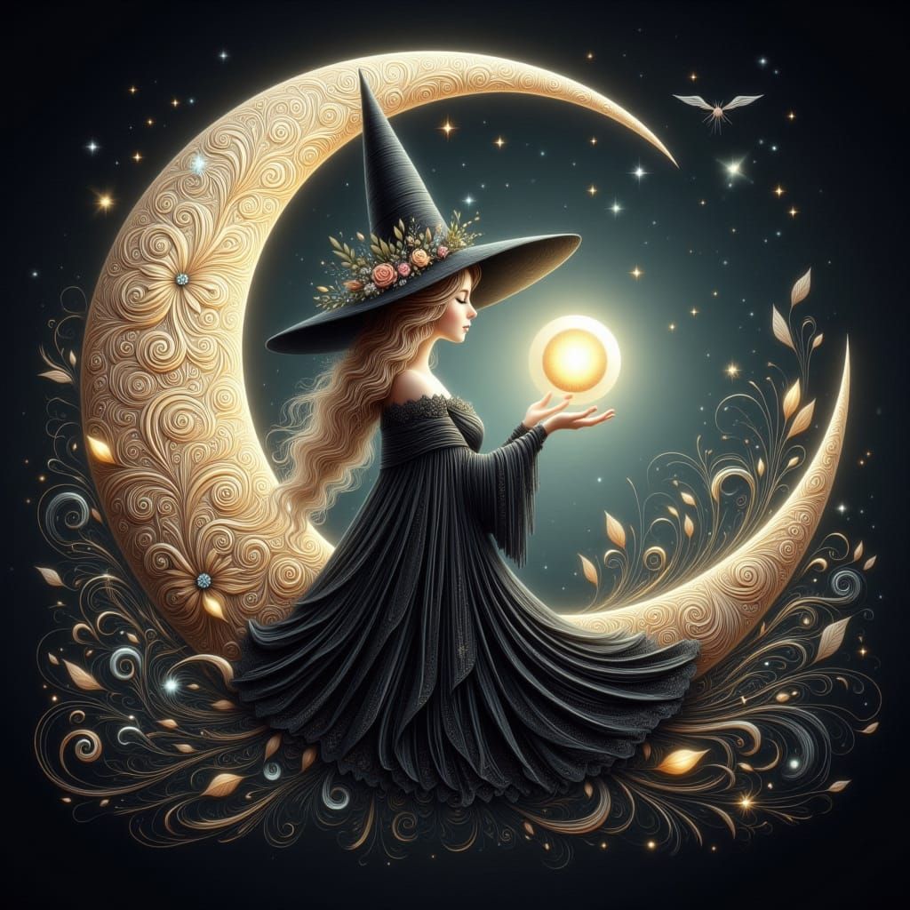 Ethereal Witch in Crescent Moon Fantasy Artwork