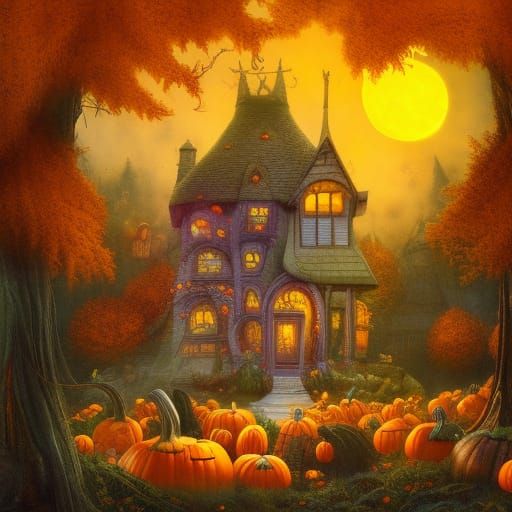 Enchanting Pumpkin House: A Watercolor Storybook Illustratio...