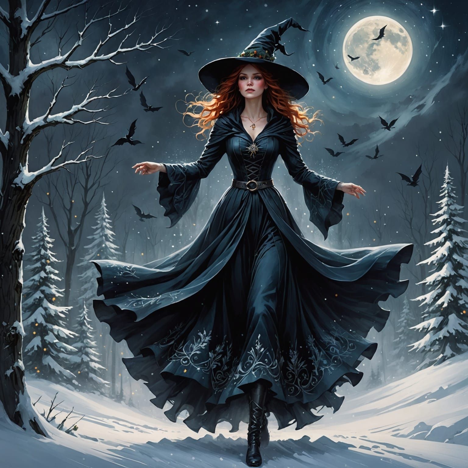 Grimdark Christmas Witch Soars Through Frosty Snowy Landscap...