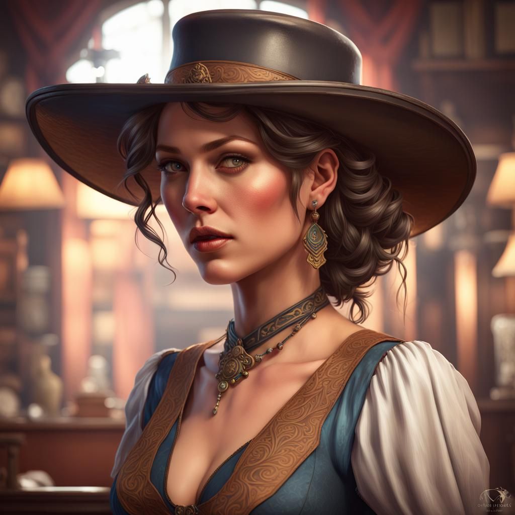 beautiful saloon girl, old west saloon, head and shoulders portrait, 8k resolution concept art portrait by Greg Rutkowsk...