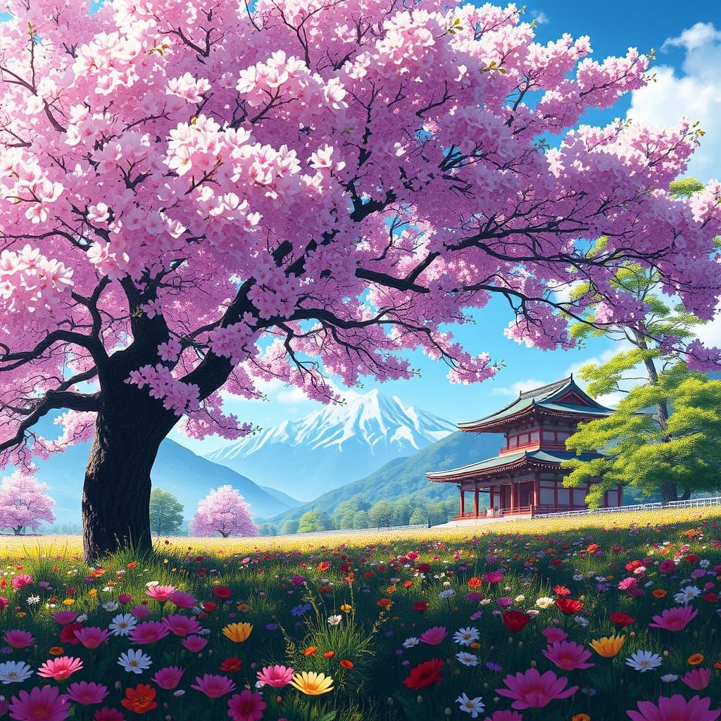 Sakura Tree with Temple in Shinkai Style