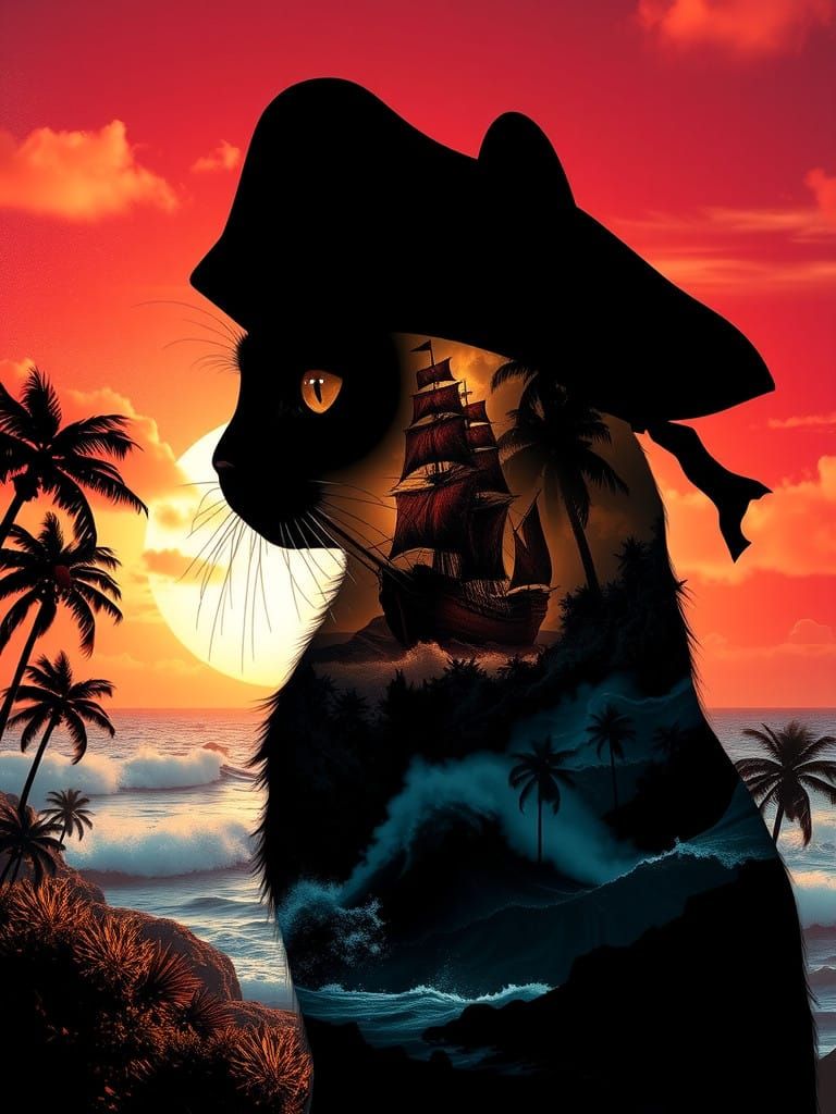 Mystical Pirate Cat Silhouette in Tropical Seaside Landscape