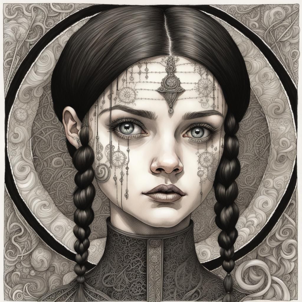 Wednesday Addams in Zentangle Style, Dreamlike Art