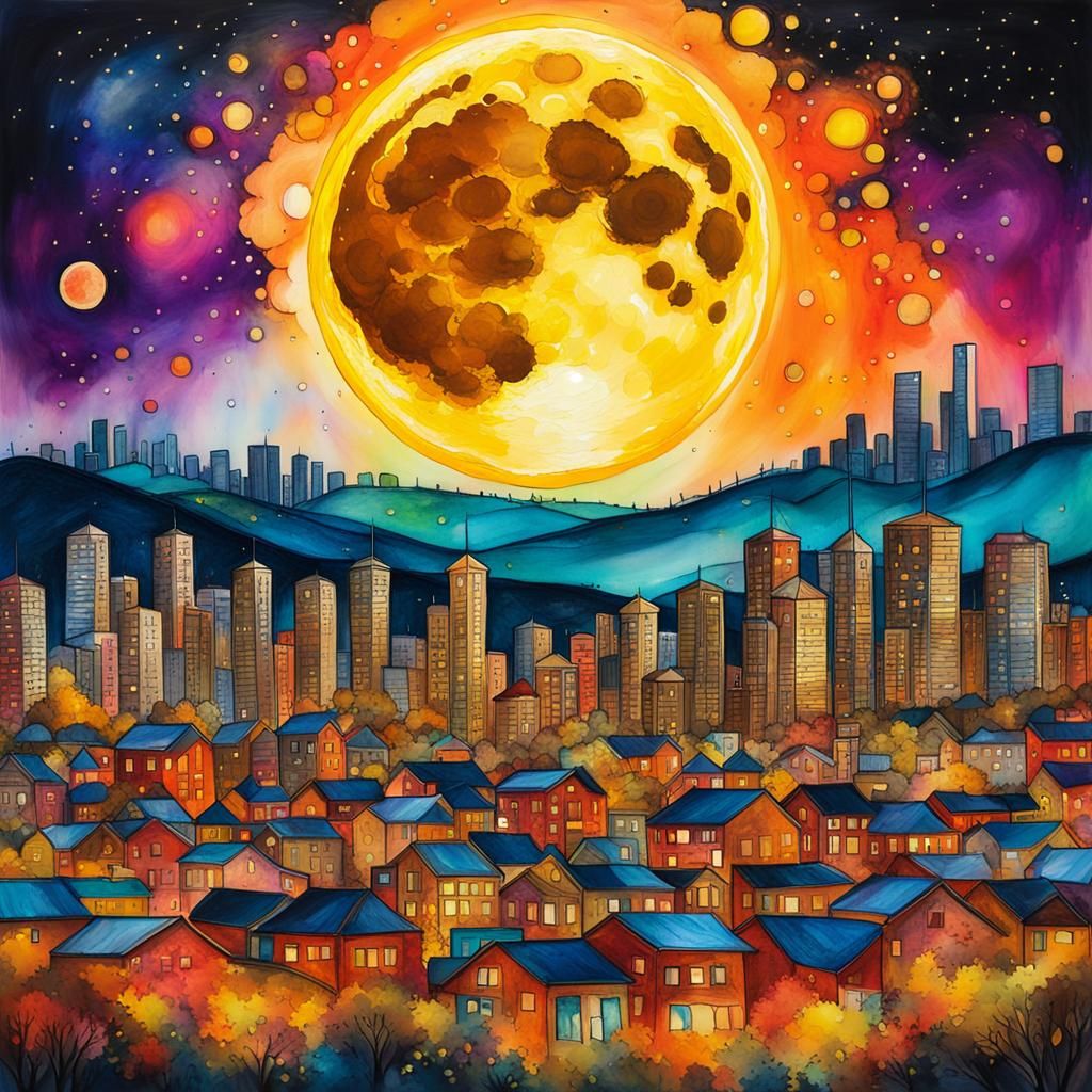 Giant Yellow Super Moon Over Lit Cityscape
