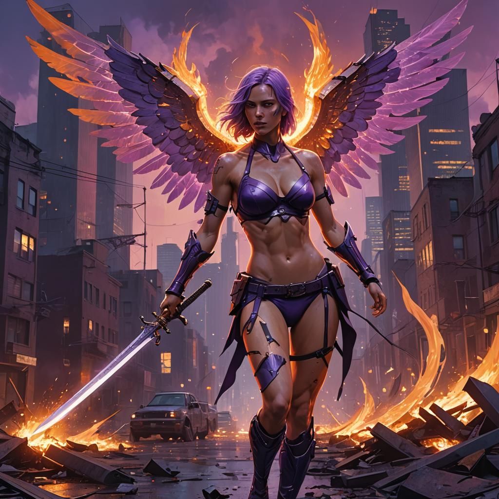 Epic Angel with Flaming Sword over Urban Battlefield